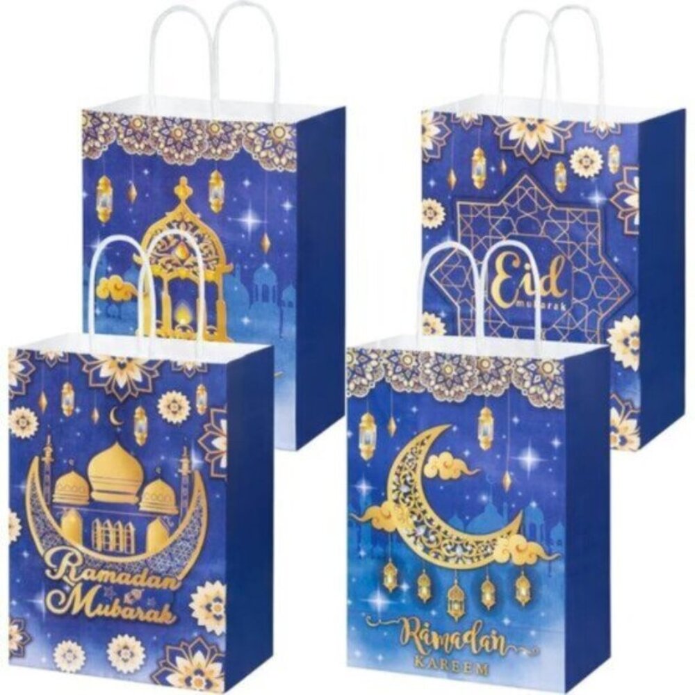 24 Pack Eid Mubarak Paper Gift Bags with Handle, 2 Styles Ramadan Mubarak Paper
